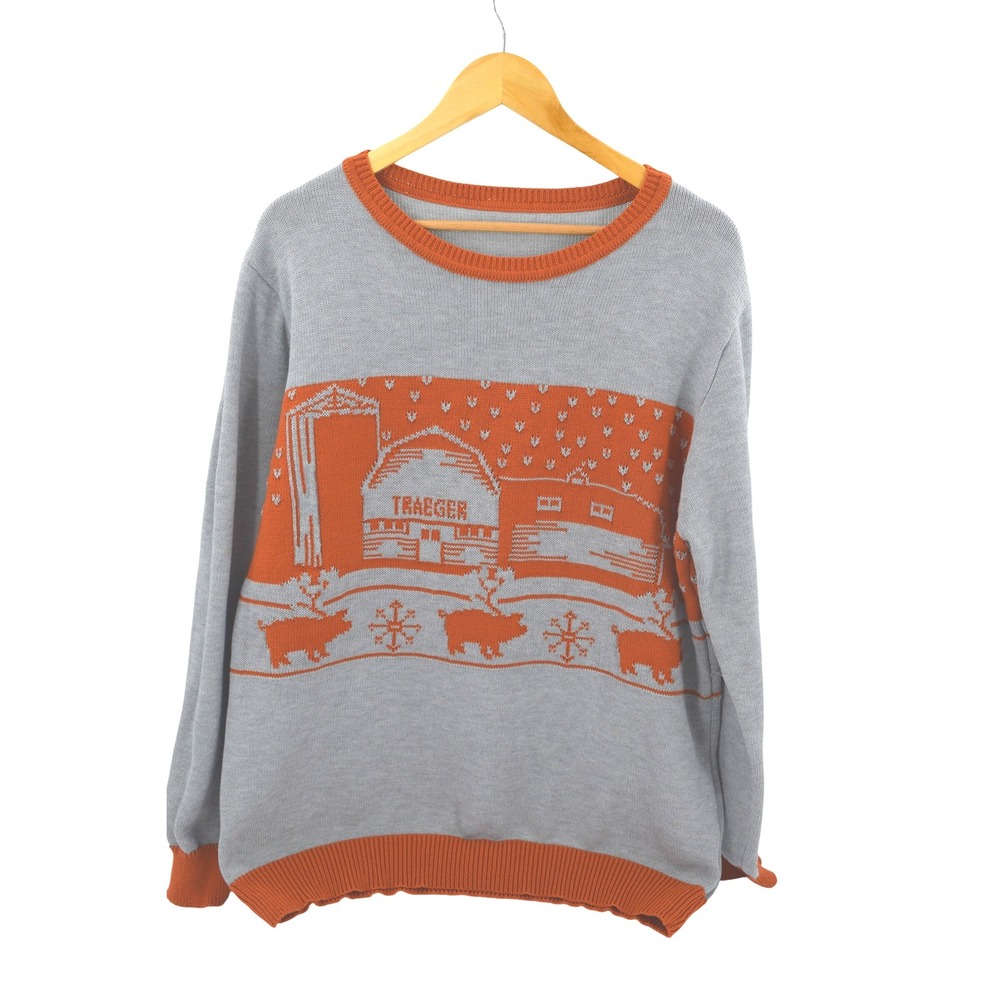 Traeger Ugly Christmas Sweater Mens Farm Barn Pig Snowflake Knit Gray Orange 3XL